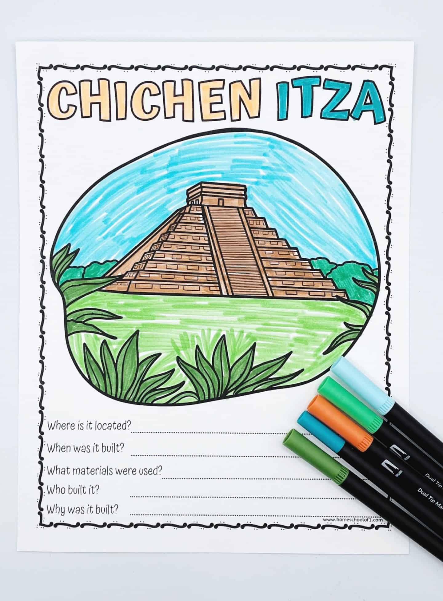 Hand-colored Chichen Itza worksheet for kids featuring a pyramid illustration, five historical questions, and colorful markers beside the page.