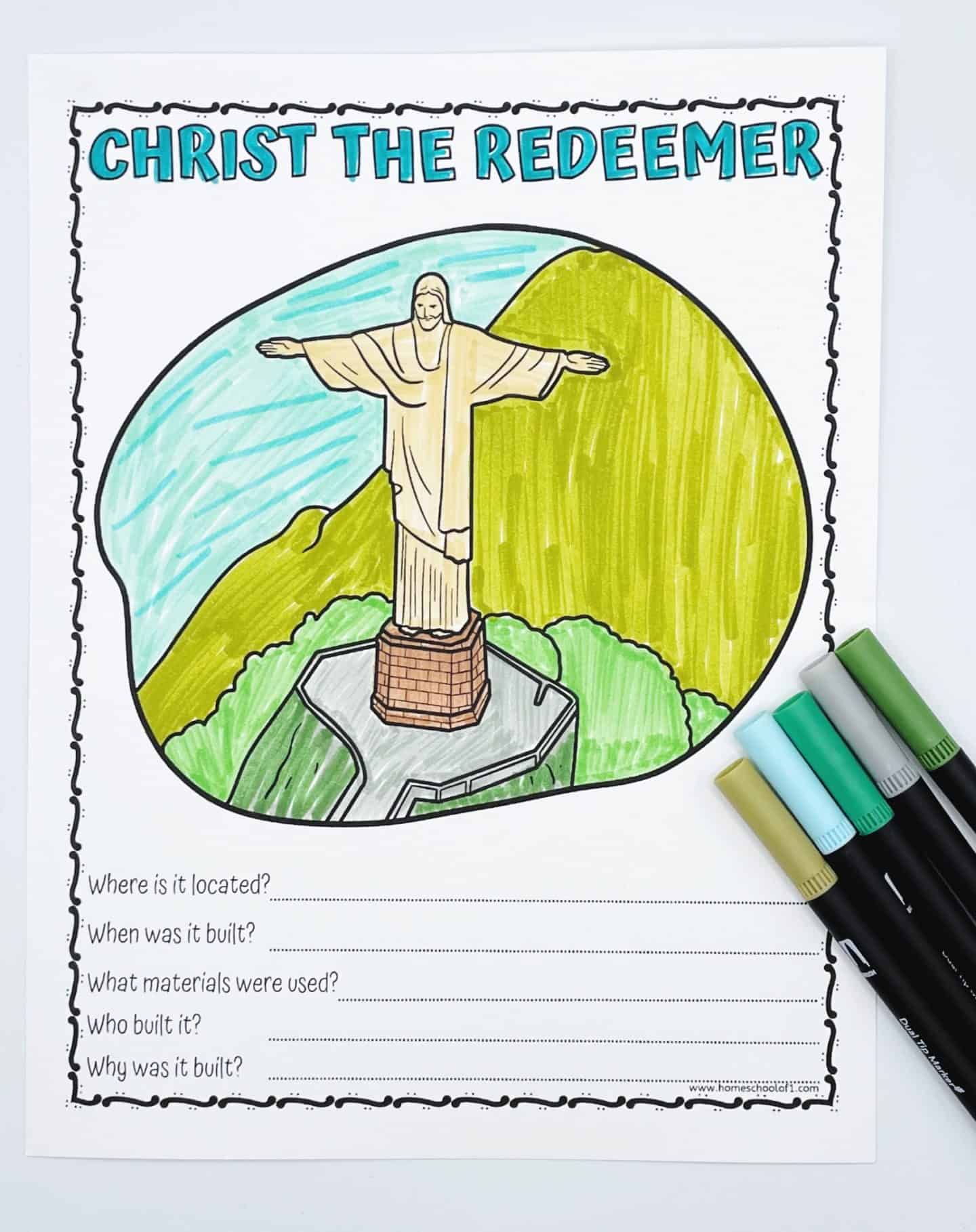 Coloring worksheet of Christ the Redeemer statue with student prompts below and markers beside the page.