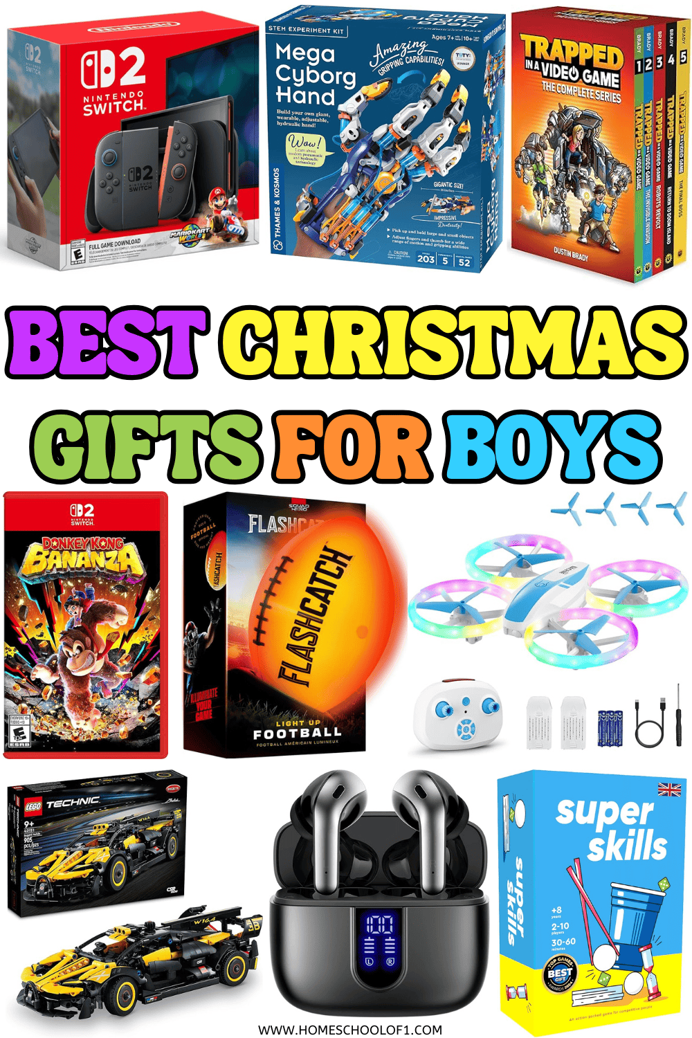 Collage of top Christmas gifts for boys including Switch 2, Mega Cyborg Hand, drone, LEGO, earbuds, and more.