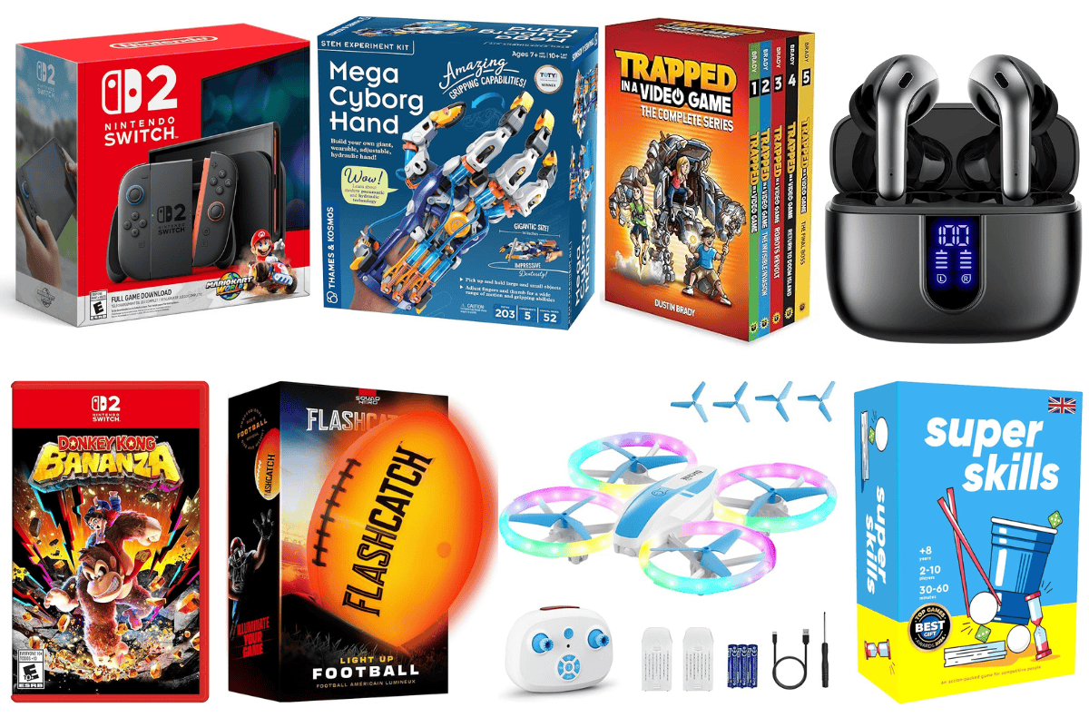 Collage of popular Christmas gifts for boys including Nintendo Switch 2, Mega Cyborg Hand kit, wireless earbuds, drone, FlashCatch football, Trapped in a Video Game book set, and Super Skills challenge game.