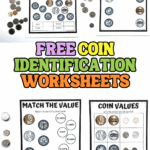 Free identify coins worksheets for kids showing U.S. pennies, nickels, dimes, and quarters with matching and counting coin activities. Printable coin recognition pages for kindergarten and 1st grade students.
