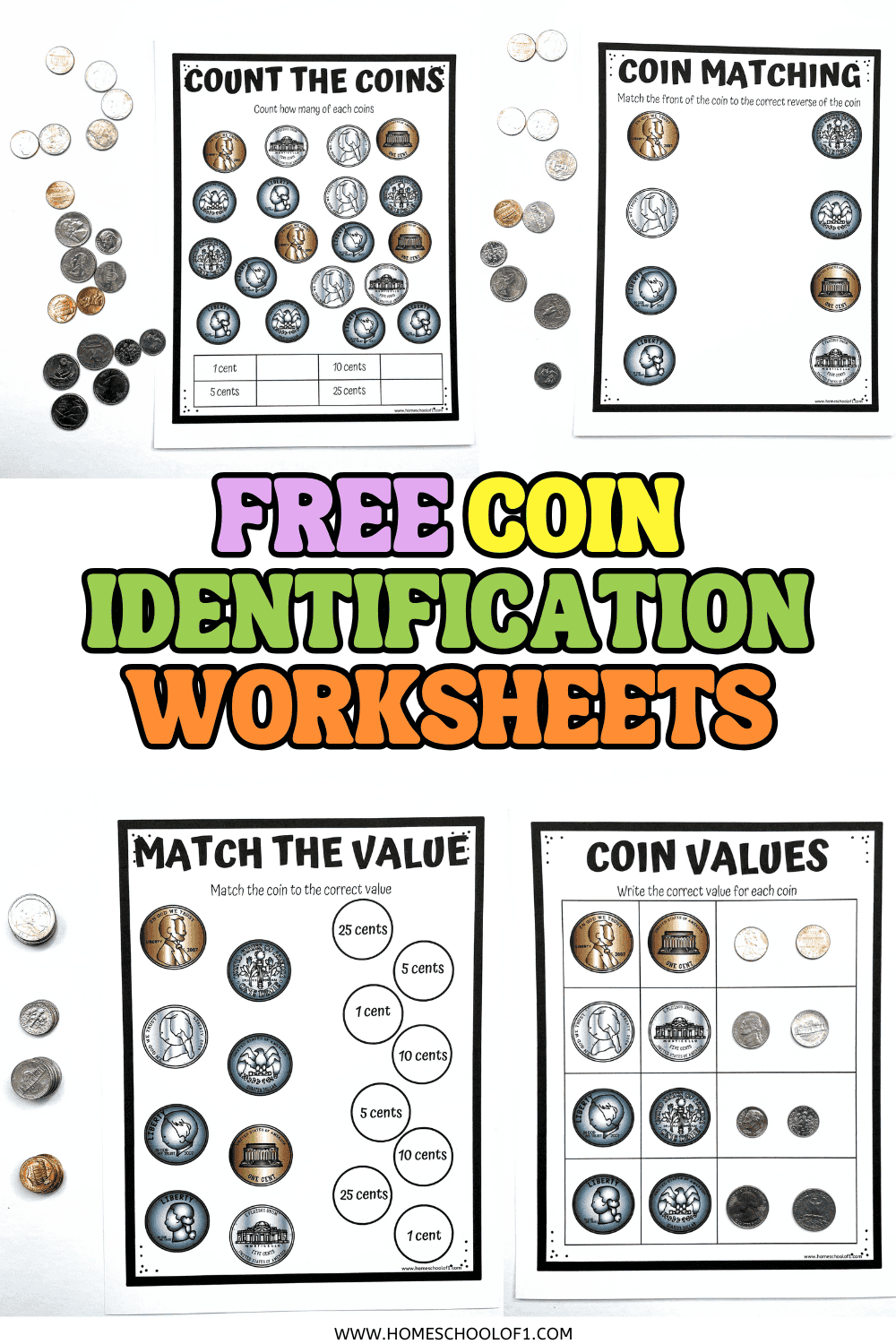 Free identify coins worksheets for kids showing U.S. pennies, nickels, dimes, and quarters with matching and counting coin activities. Printable coin recognition pages for kindergarten and 1st grade students.