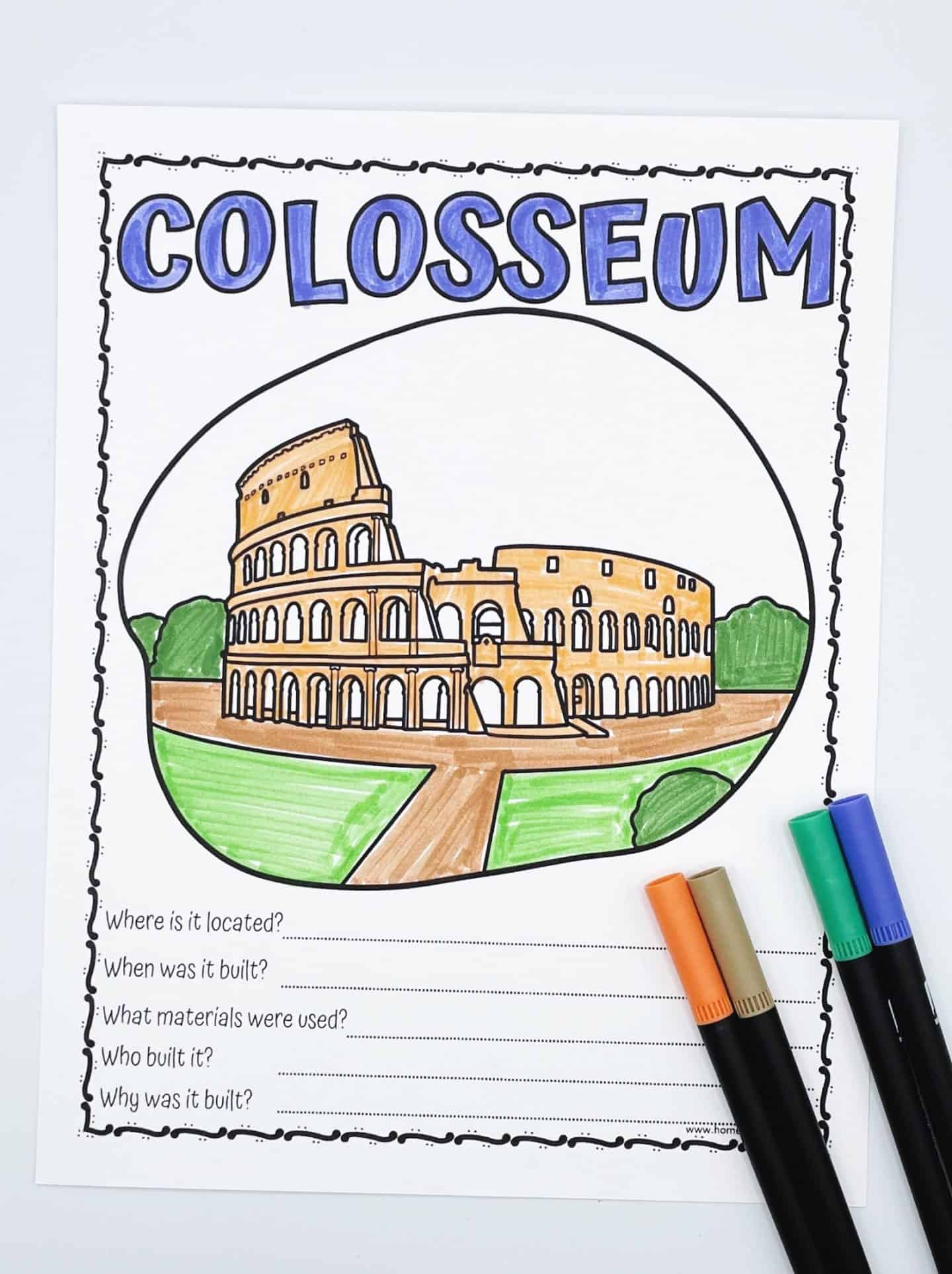 Colosseum worksheet for kids with a colored illustration and five questions about its history, next to four markers.