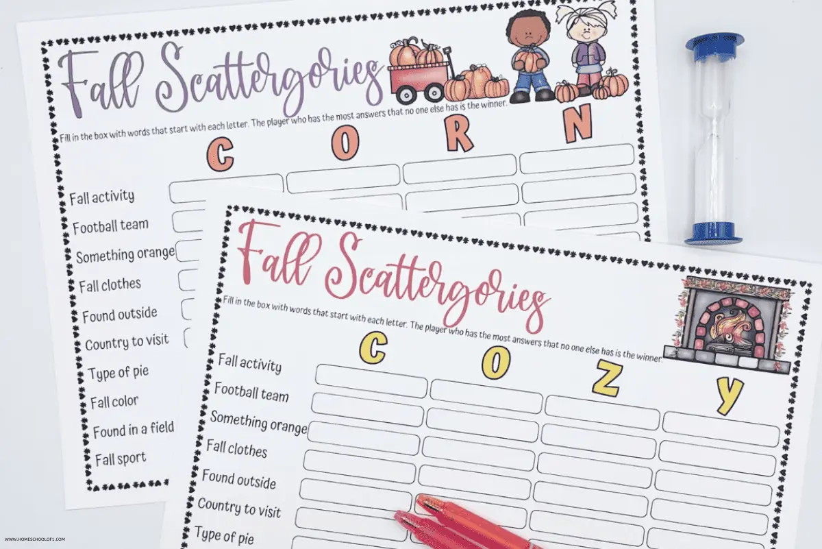 Fall Scattergories Free Printable Boards