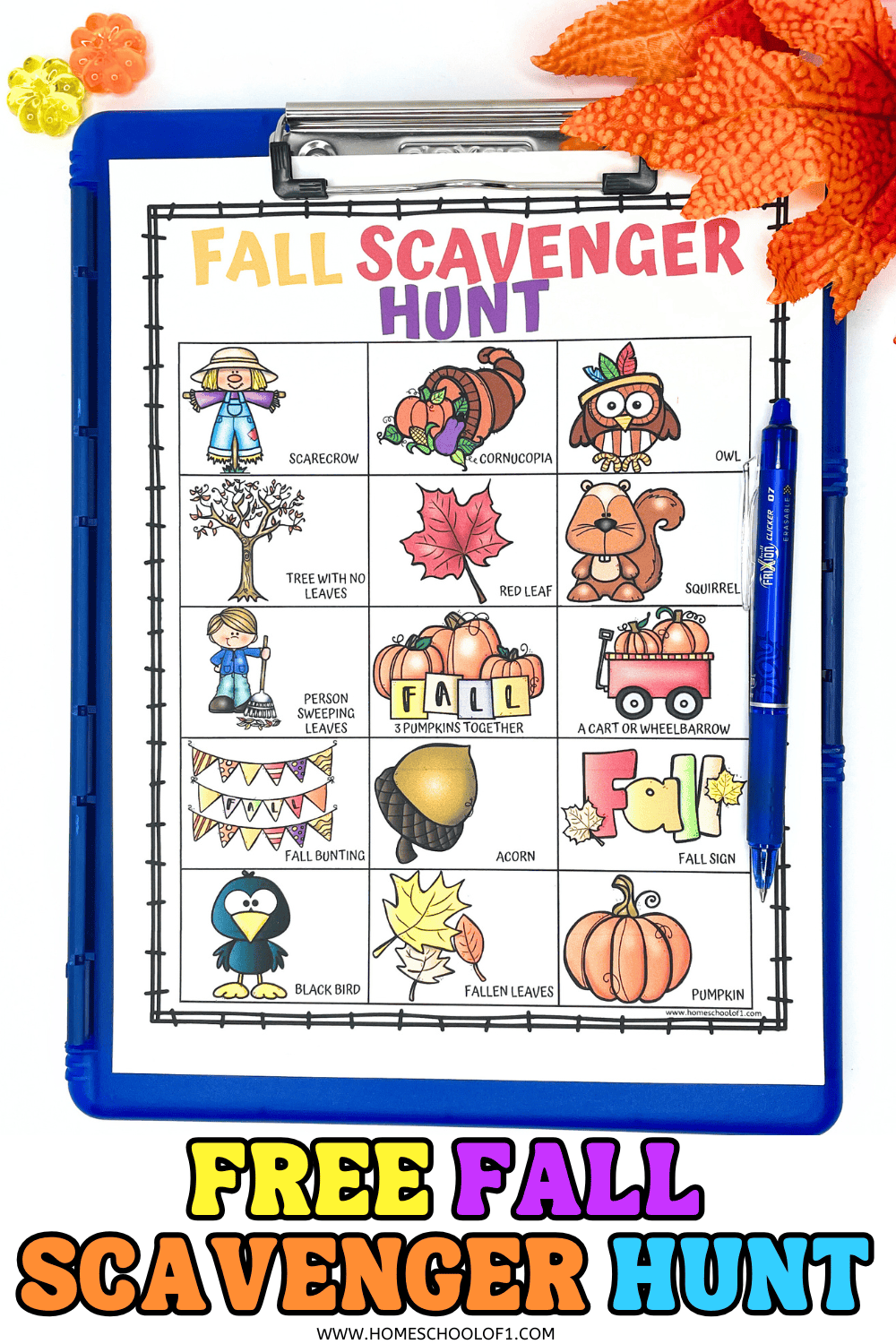 Colorful fall scavenger hunt printable for kids featuring autumn-themed items on a clipboard with seasonal decorations.