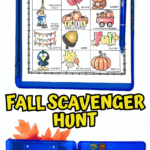 Fall scavenger hunt for kids in a blue clipboard box, showing 15 illustrated fall-themed items to find outdoors.