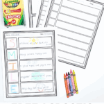 Set of free acrostic poem templates for children with a completed example and crayons, perfect for creative writing activities at home or in the classroom.