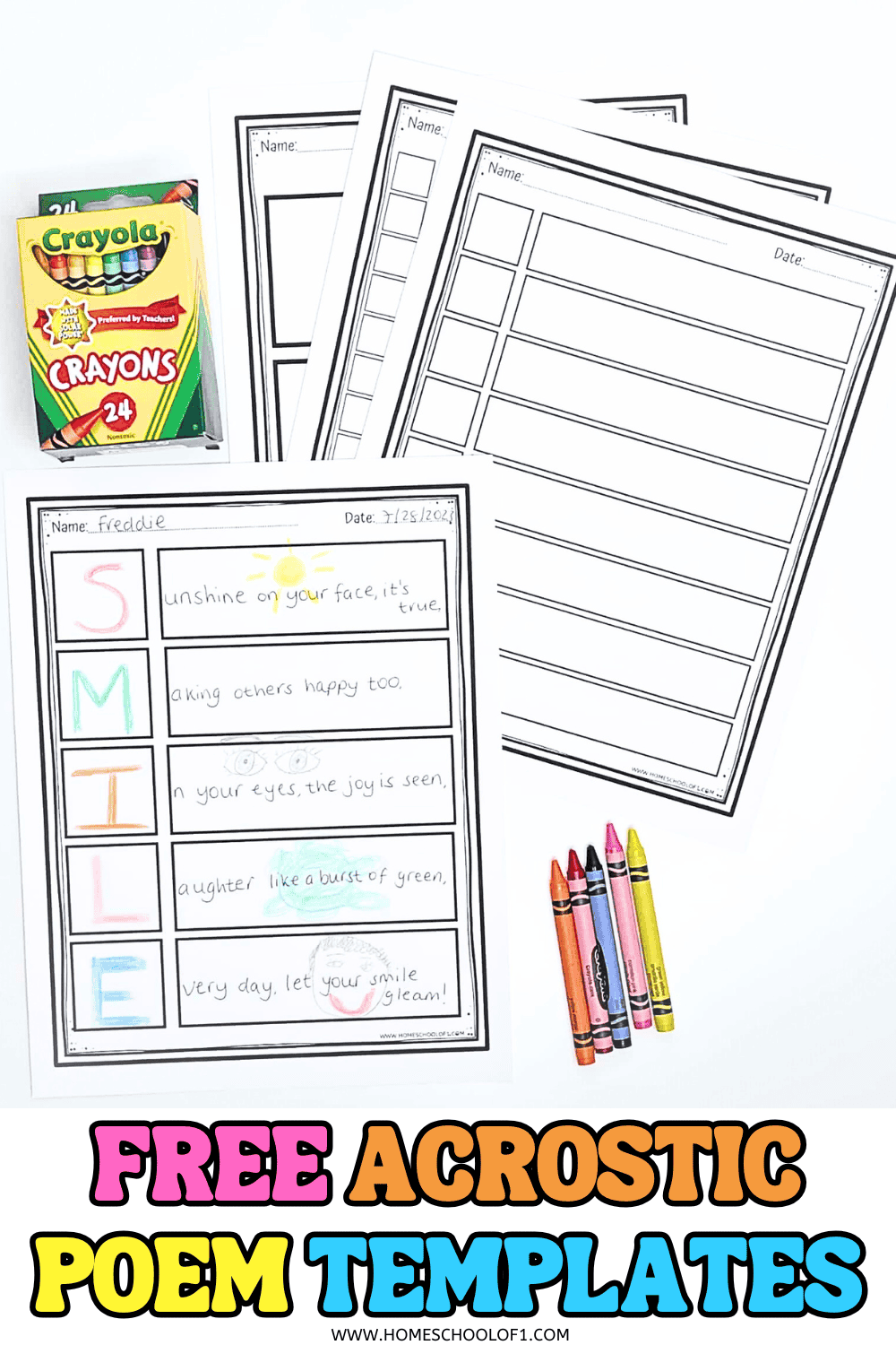 Set of free acrostic poem templates for children with a completed example and crayons, perfect for creative writing activities at home or in the classroom.

