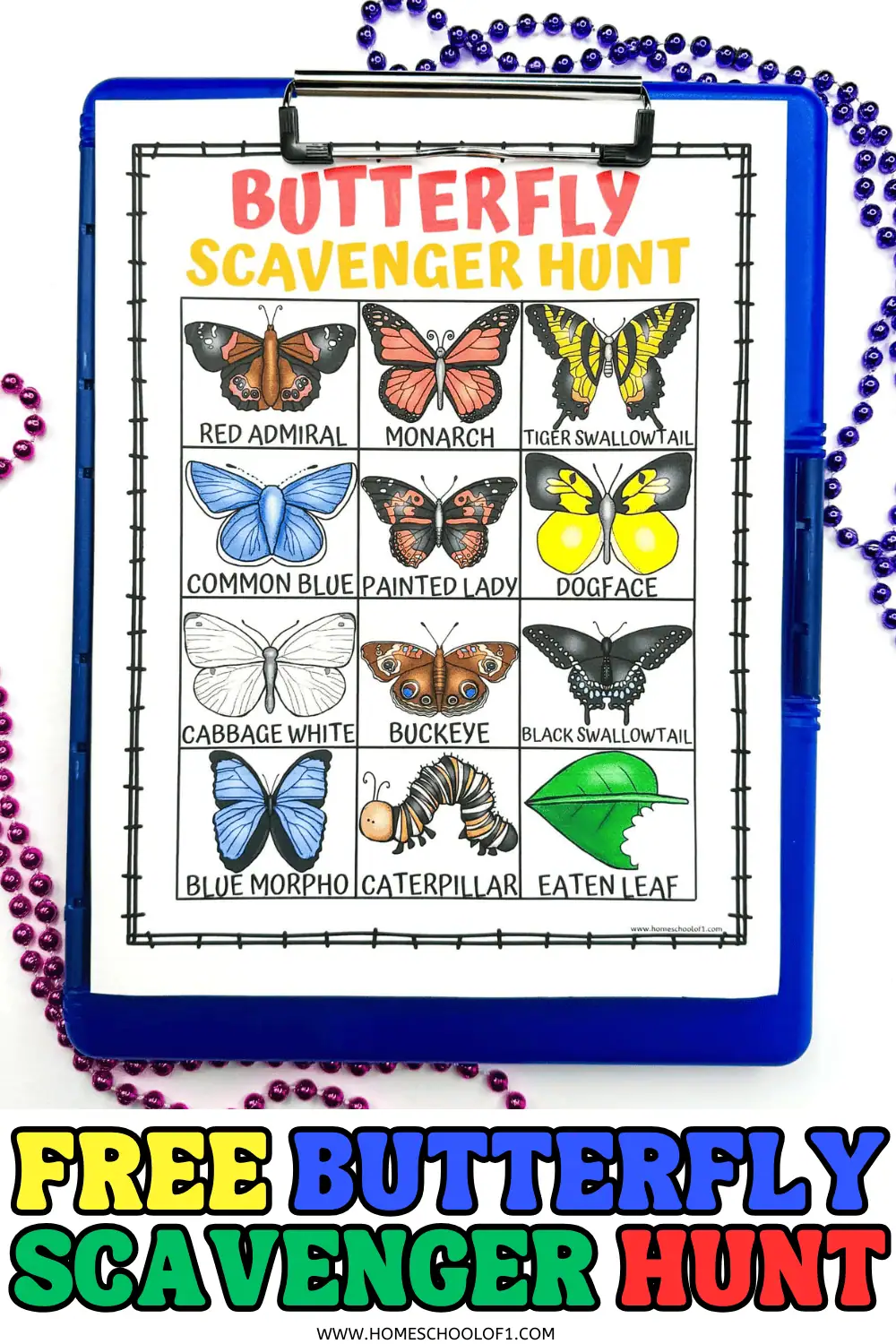 butterfly scavenger hunt printable on a clipboard with the words free butterfly scavenger hunt underneath