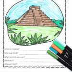Colorful Chichen Itza worksheet for kids featuring a drawing of the pyramid, questions about its history, and bold text promoting a free printable.