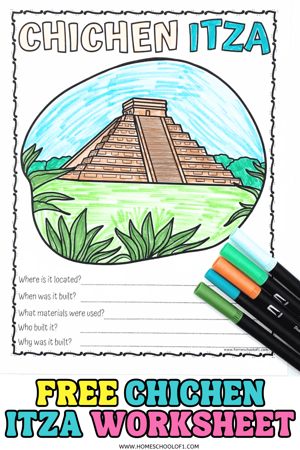 Colorful Chichen Itza worksheet for kids featuring a drawing of the pyramid, questions about its history, and bold text promoting a free printable.