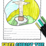 Coloring worksheet of Christ the Redeemer statue with student questions below and bold text reading “Free Christ the Redeemer Worksheet.”