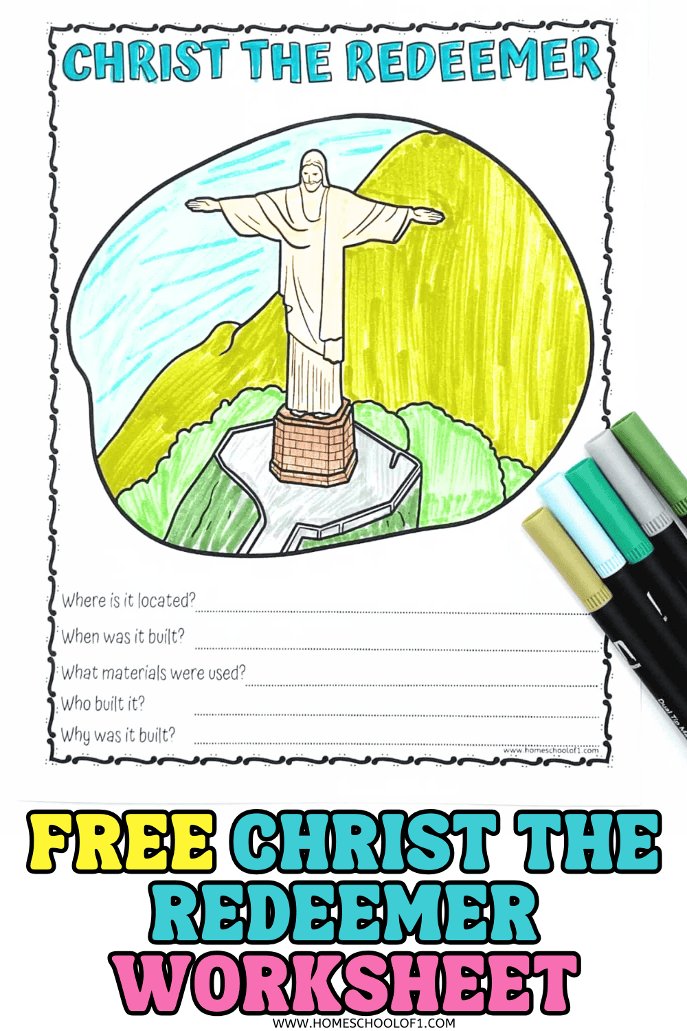 Coloring worksheet of Christ the Redeemer statue with student questions below and bold text reading “Free Christ the Redeemer Worksheet.”