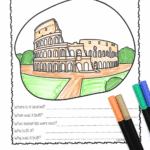 Free Colosseum worksheet with a colored drawing and five history questions for kids. Three markers rest on the page.
