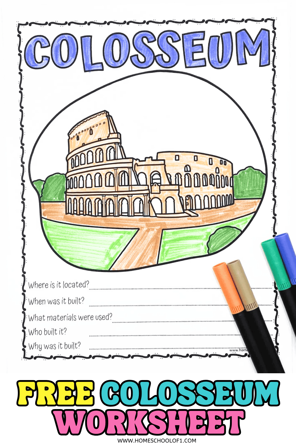 Free Colosseum worksheet with a colored drawing and five history questions for kids. Three markers rest on the page.