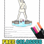 Coloring and activity worksheet for the Colossus of Rhodes, featuring a large illustration and fill-in-the-blank questions about its history and construction. Four colored markers are placed beside the worksheet.