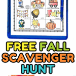 Free printable fall scavenger hunt activity sheet on clipboard, perfect for outdoor fun with kids in autumn.