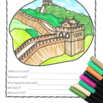 Colorful educational worksheet for kids featuring a hand-colored drawing of the Great Wall of China, with prompts below asking about its location, construction date, materials used, builders, and purpose. Bright markers are shown beside the page, and bold text at the bottom reads "Free Great Wall of China Worksheet."