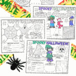 Four printable Halloween placemats for kids featuring mazes, word scrambles, dot-to-dot, and coloring sections with “Happy Halloween” and “Spooky Halloween” headers.