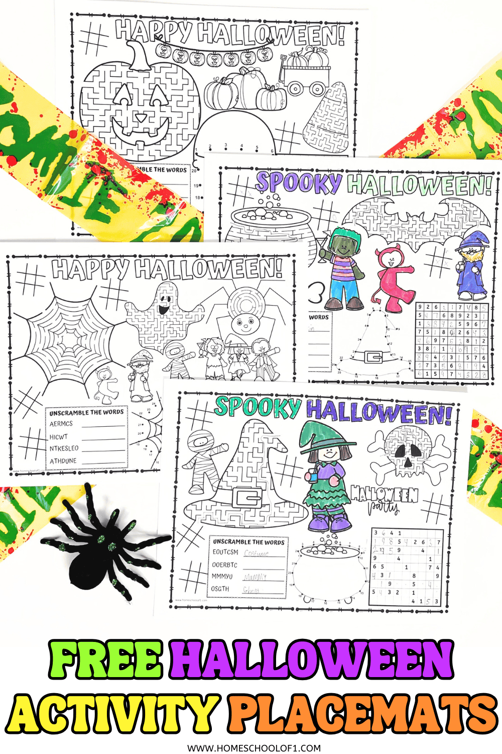 Four printable Halloween placemats for kids featuring mazes, word scrambles, dot-to-dot, and coloring sections with “Happy Halloween” and “Spooky Halloween” headers.

