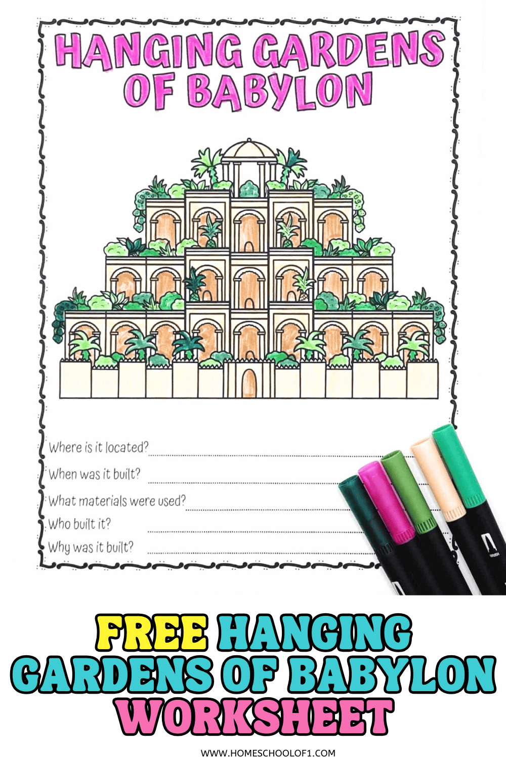 Printable worksheet titled "Hanging Gardens of Babylon" with a colorful illustration of the gardens and five short-answer questions below.