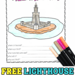 Hand-colored Lighthouse of Alexandria worksheet with a drawing of the lighthouse and questions about its history, plus bold text promoting it as a free printable.