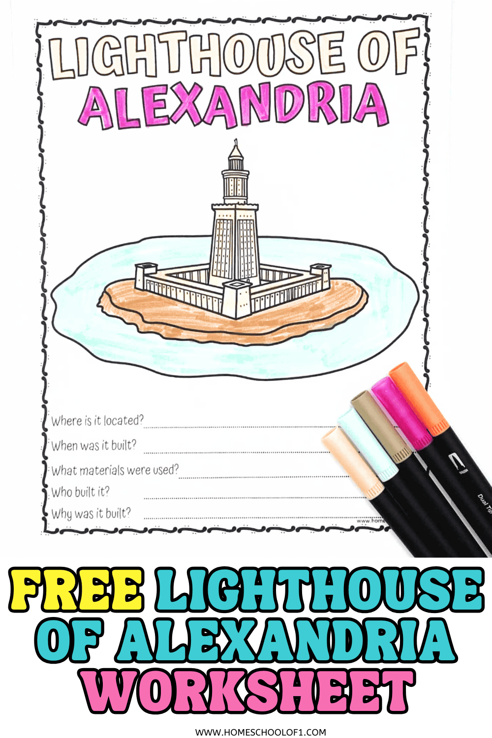 Hand-colored Lighthouse of Alexandria worksheet with a drawing of the lighthouse and questions about its history, plus bold text promoting it as a free printable.