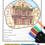 A colorful Petra worksheet for kids featuring a hand-colored illustration of the Al-Khazneh monument in Jordan, with questions about its location, history, and materials. Markers are placed beside the sheet, and the bottom text reads “Free Petra Worksheet”