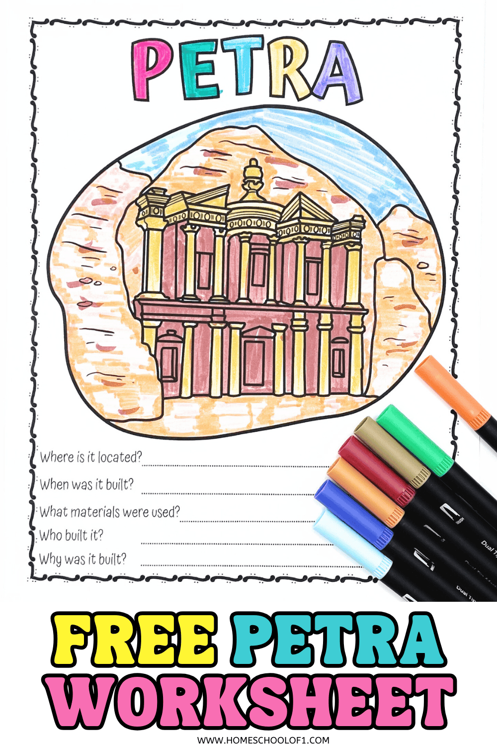 A colorful Petra worksheet for kids featuring a hand-colored illustration of the Al-Khazneh monument in Jordan, with questions about its location, history, and materials. Markers are placed beside the sheet, and the bottom text reads “Free Petra Worksheet”