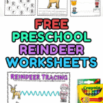 Preschool reindeer worksheet set including color by number, letter find, writing, tracing, and alphabet maze.