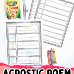 Free printable acrostic poem templates for kids shown with Crayola crayons and completed example using the word "SMILE" in colorful letters.