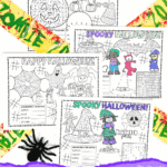 Printable Halloween table placemats with kid-friendly designs including pumpkins, witches, ghosts, and activity sections like mazes and word puzzles.