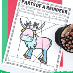 Completed parts of a reindeer worksheet with colorful labels and a bucket of colored pencils, with “Free Printable Parts of a Reindeer” text overlay.