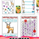 Printable reindeer preschool worksheets with alphabet maze, tracing lines, and writing practice for holiday learning.
