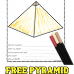 Free Pyramid of Cheops worksheet with a colored pyramid drawing and space to answer questions about its history, shown with three markers.