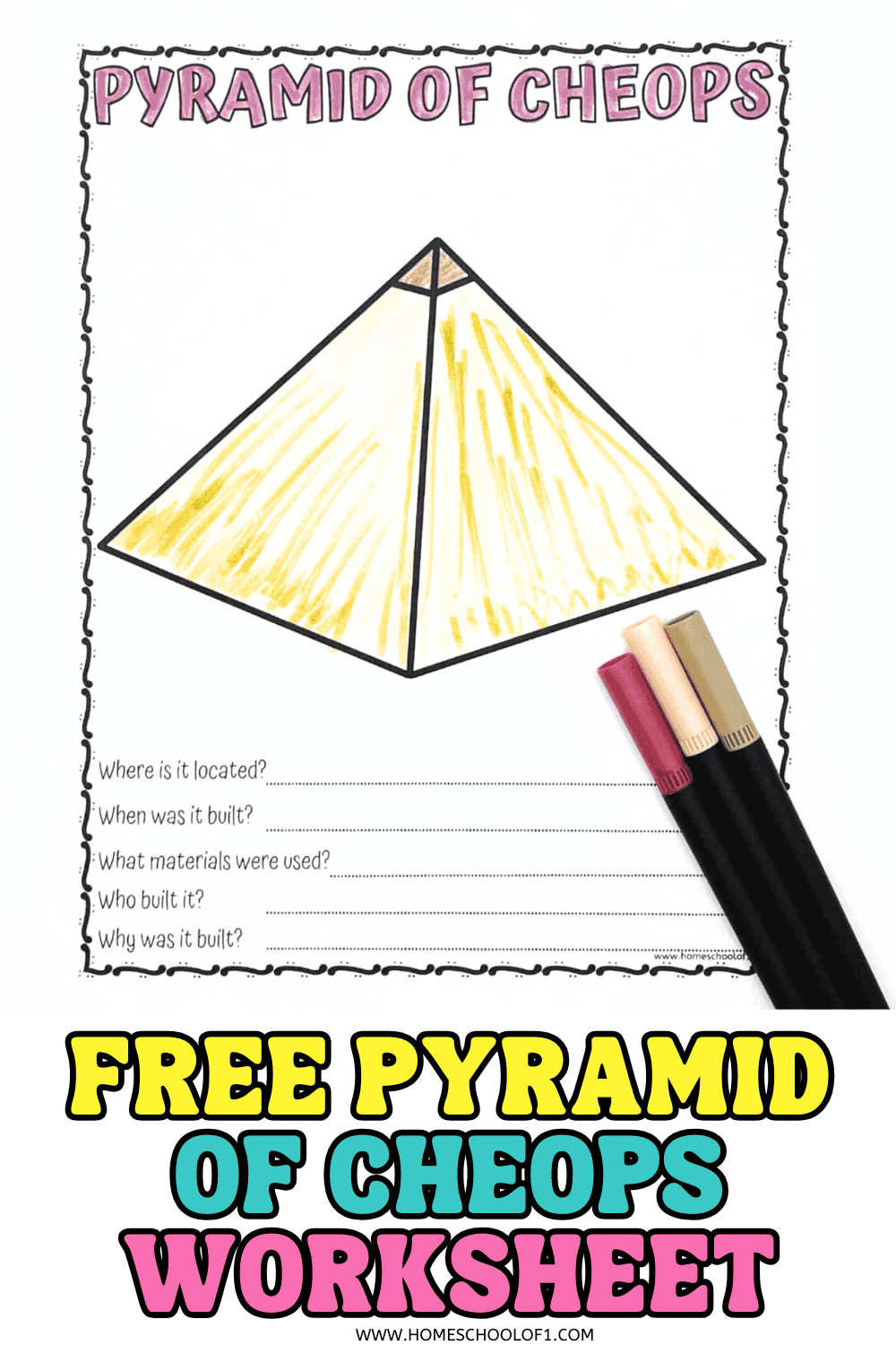 Free Pyramid of Cheops worksheet with a colored pyramid drawing and space to answer questions about its history, shown with three markers.