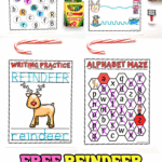 Free reindeer worksheets for preschoolers featuring letter hunts, tracing, and writing activities for early learners.