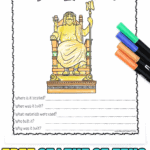 Printable worksheet titled “Statue of Zeus at Olympia” with a colored drawing of Zeus and five historical questions below.
