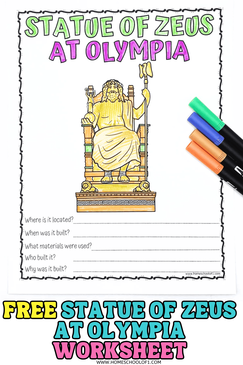 Printable worksheet titled “Statue of Zeus at Olympia” with a colored drawing of Zeus and five historical questions below.