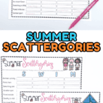 A printable "Summer Scattergories" game sheet with the letters H-E-A-T filled out across the top. The categories include things like summer activity, picnic item, and something pink, with playful answers handwritten in pink ink (like “hike,” “egg salad,” “aster,” and “tennis”). Sunglasses and pens are placed around the page for a fun, summery vibe.