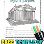 Temple of Artemis worksheet with a line drawing of the temple, five history questions, and colorful markers beside it.