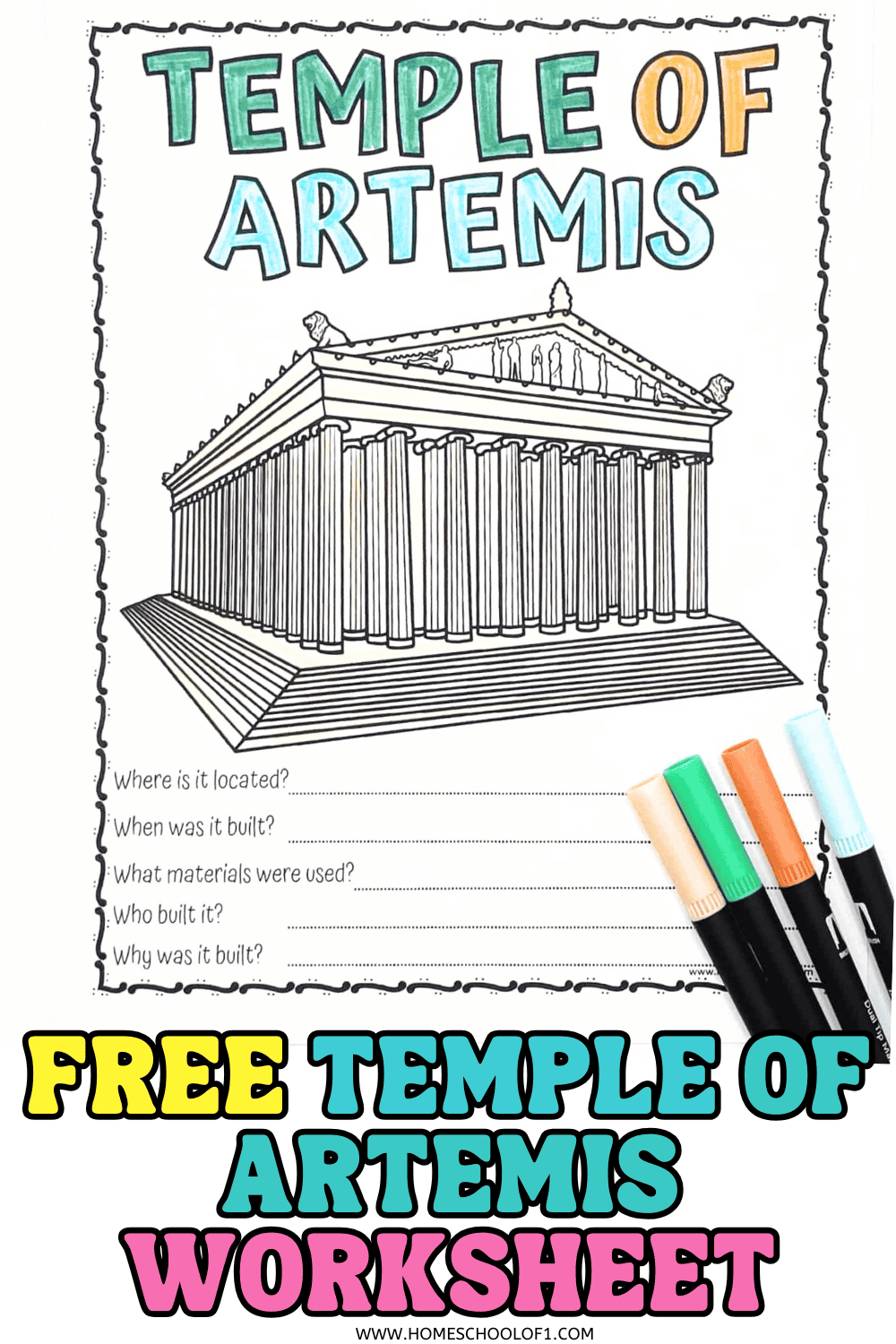 Temple of Artemis worksheet with a line drawing of the temple, five history questions, and colorful markers beside it.