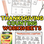 Free printable Thanksgiving counting worksheets for kids to color and practice numbers 1–10 with festive holiday images.