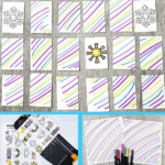Printable weather matching game for kids featuring hand-colored cards with weather symbols like sun and snowflakes, shown in a memory-style layout. Includes printable sheet, card cutter, and colorful markers with text reading “Free Weather Matching Game Printable.”