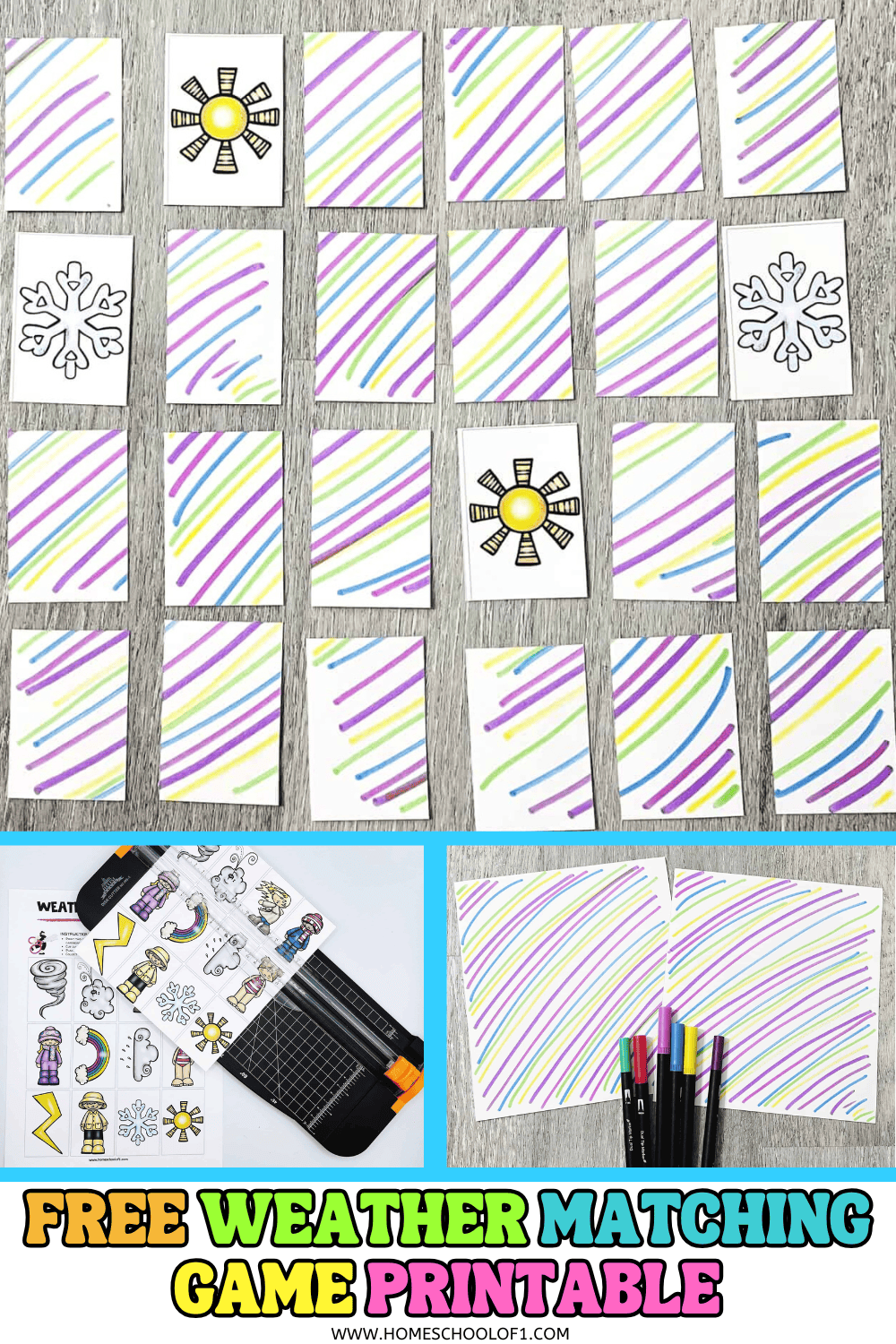 Printable weather matching game for kids featuring hand-colored cards with weather symbols like sun and snowflakes, shown in a memory-style layout. Includes printable sheet, card cutter, and colorful markers with text reading “Free Weather Matching Game Printable.”