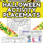 Four Halloween placemats with activities including coloring, mazes, word scrambles, and dot puzzles, laid out with a Halloween-themed table setting.