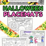 A Halloween-themed placemat on a dinner table setting with silverware, featuring a maze, coloring section, and word scramble with “Spooky Halloween” text.
