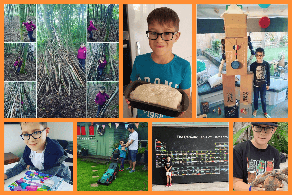 Freddie enjoying hands-on homeschool activities including baking, den building, junk modeling, science outings, and life skills projects
