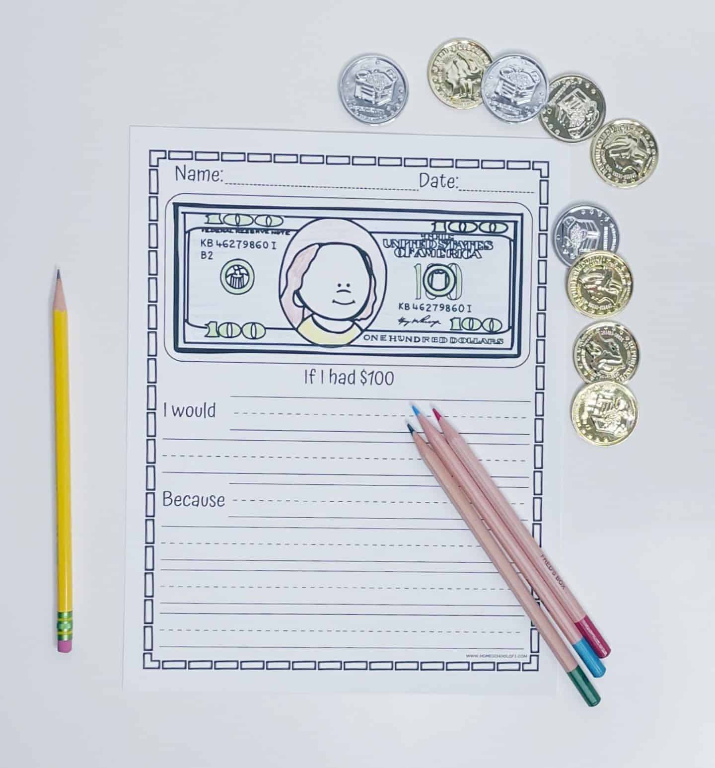 Printable first grade writing prompt worksheet featuring a cartoon $100 bill at the top with the question “If I had $100.” Below are lined sections for students to write what they would do with the money and why. The setup includes a pencil, colored pencils, and play coins arranged around the page.

