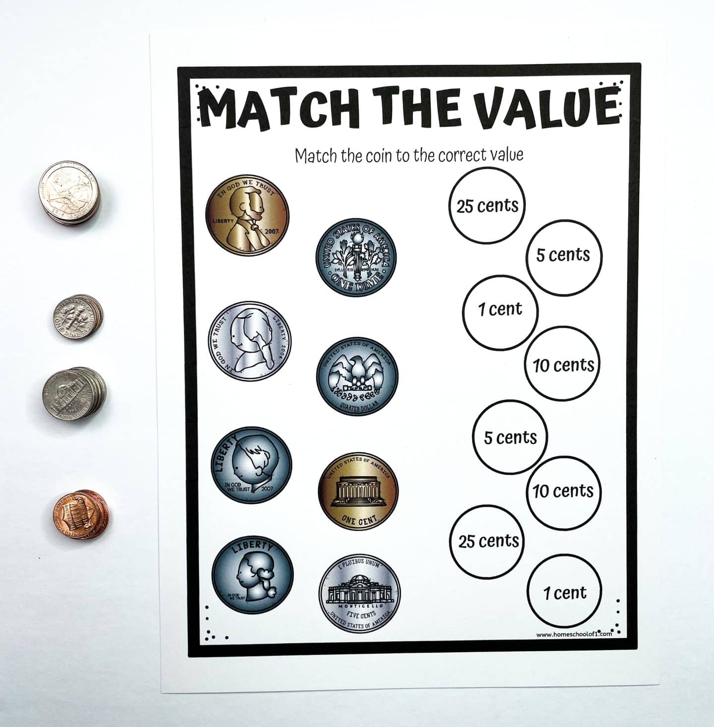 A “Match the Value” coin worksheet for kids shows eight coin illustrations on the left side and circles with coin values on the right, such as 1 cent, 5 cents, 10 cents, and 25 cents. The activity asks children to match each coin to its correct value. On the left side of the worksheet, real coins are stacked in groups, providing a tactile learning element alongside the printable.

